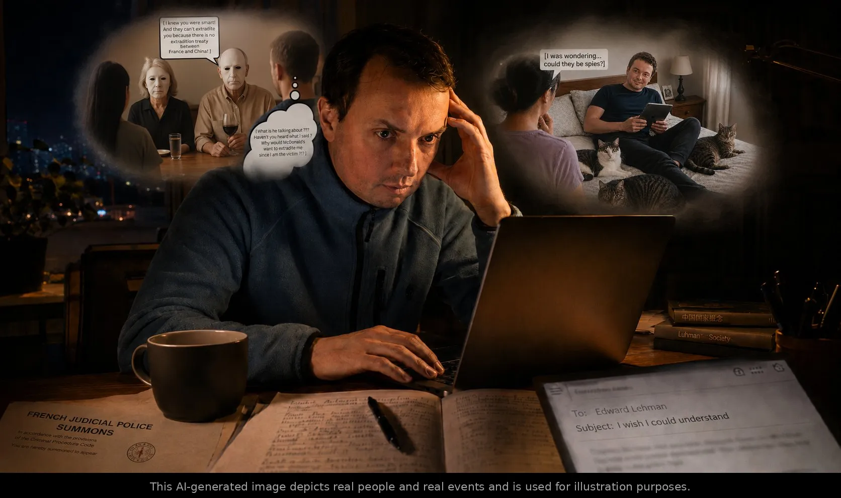 Corrected featured image: a man (Vincent Le Corre) writing at a laptop at night with two thought-bubbles flanking him — on the left, a dinner scene with a masked figure mentioning a France–China extradition treaty; on the right, his wife and a male visitor on a bed with cats, with the visitor wondering 'could they be spies?'. A FRENCH JUDICIAL POLICE SUMMONS document lies on the desk. The eyes of the masked figure in the left thought-bubble are completely black, like empty voids.